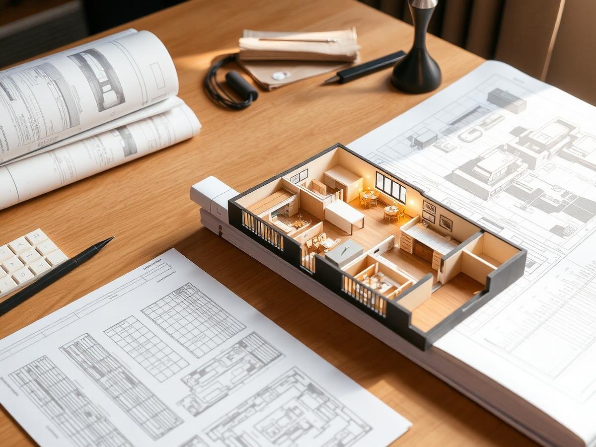 Architect's desk with drawings and a scale model of an office floorplate
