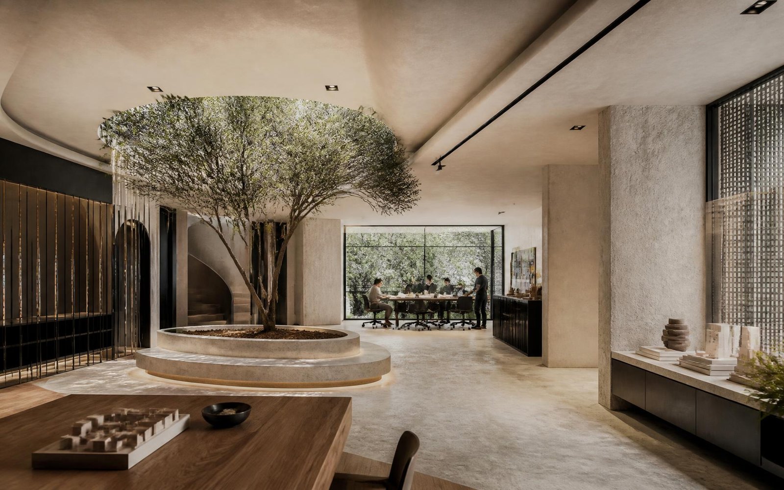 Office Partner workplace interior centred around a sculptural indoor tree