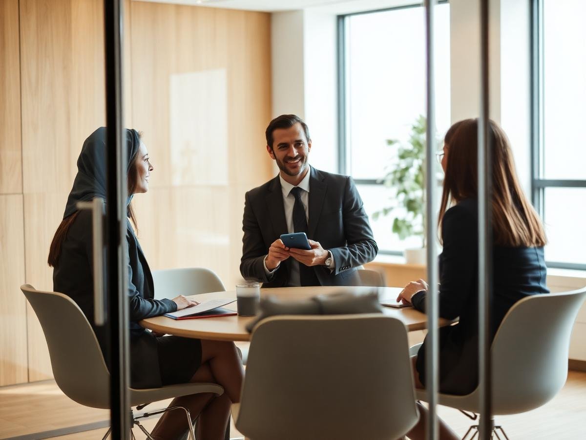 Consultants discussing workplace strategy in a glass meeting room