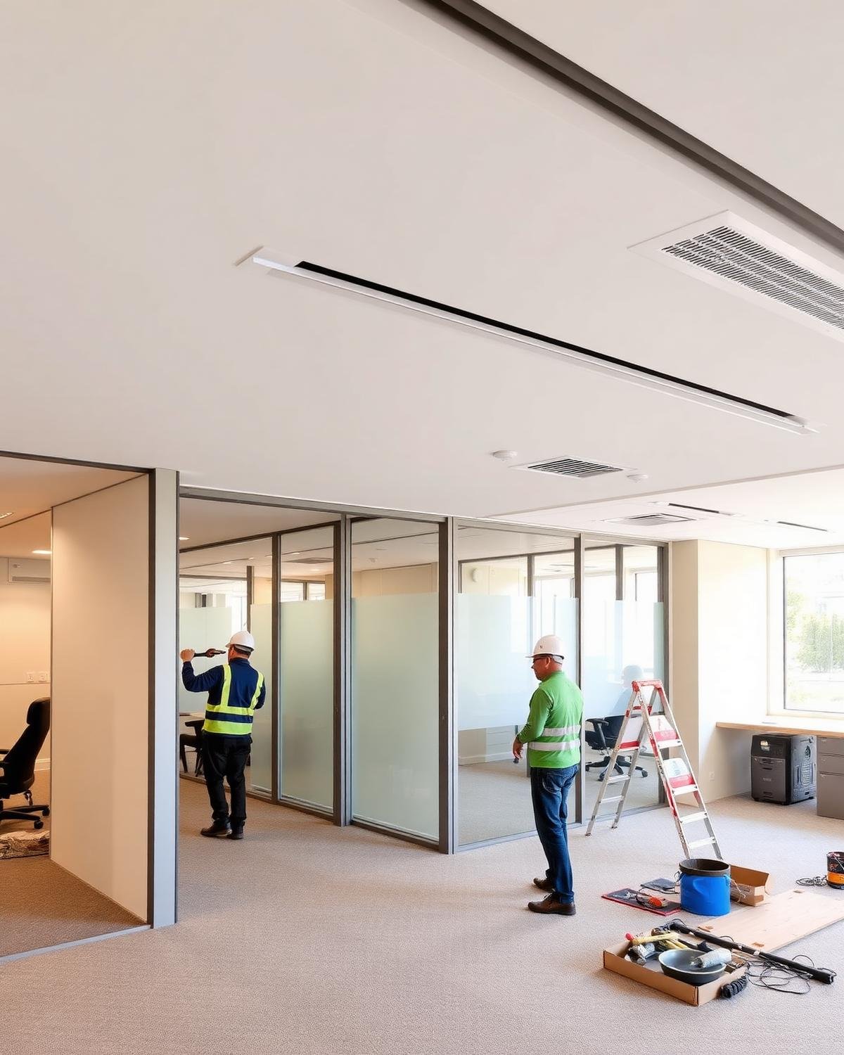 Fit-out team installing glass partitions in a new office interior