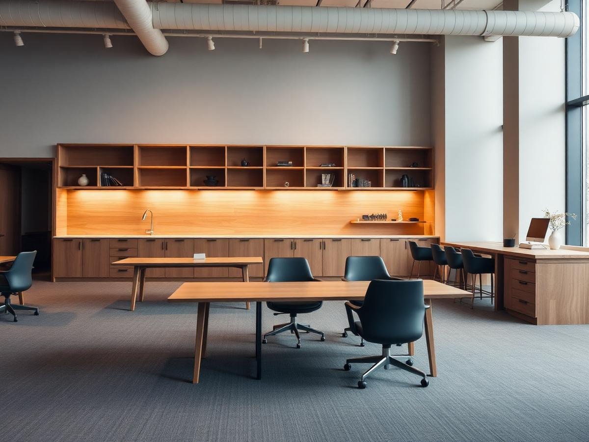 Modern office furniture showroom with oak desks and sculptural chairs