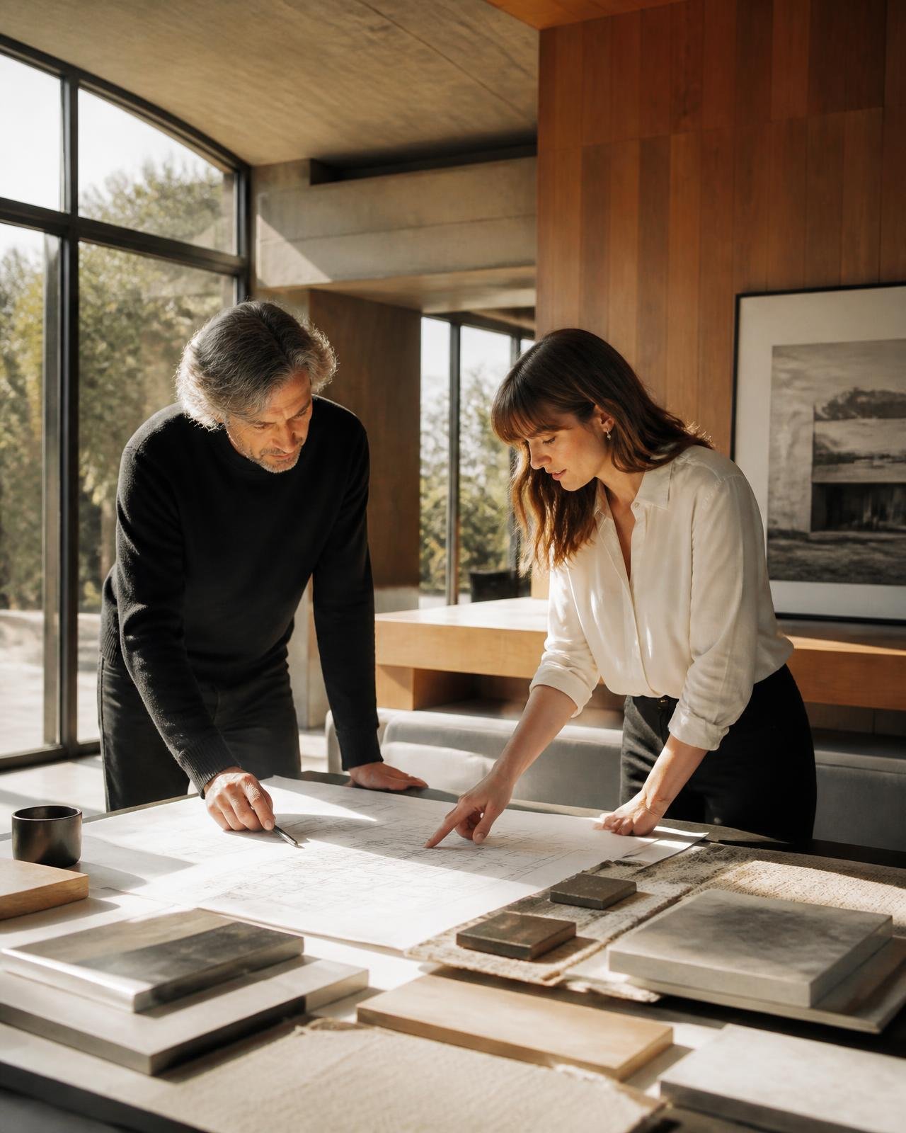 Two workplace design professionals reviewing floor plans and material samples in a sunlit office