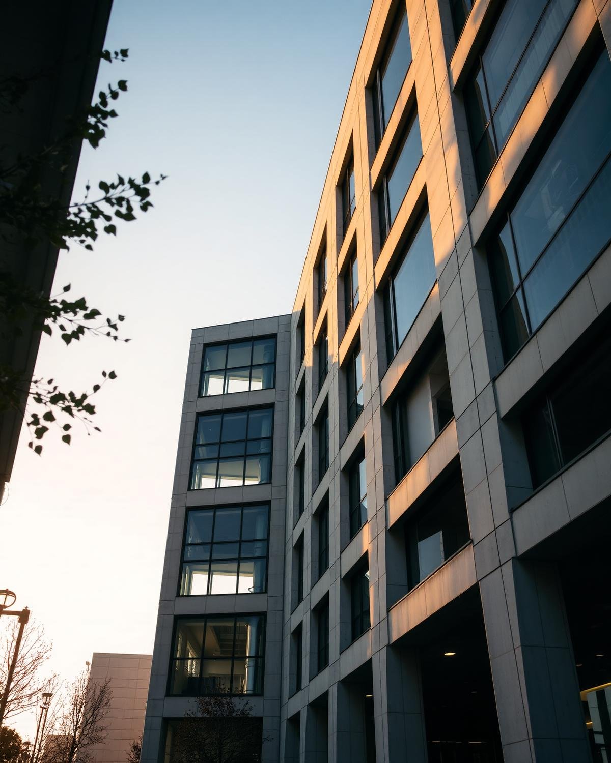 Modern commercial office building facade at golden hour